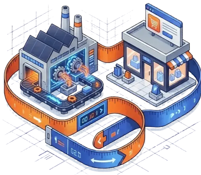 Ilustração isométrica de uma fábrica e uma loja de varejo conectadas por uma fita métrica digital, representando software sob medida