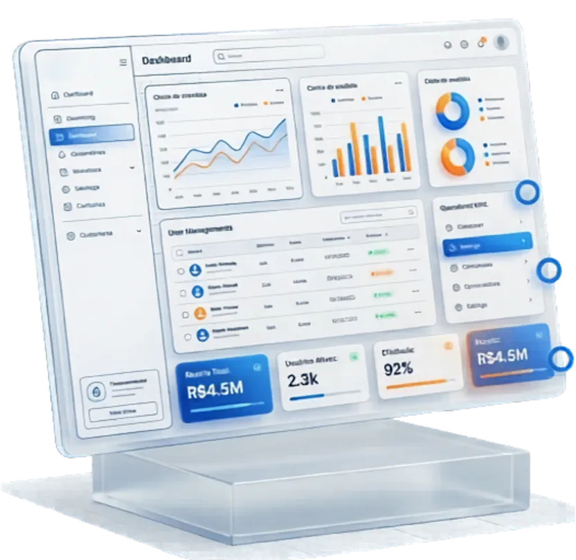 Dashboard corporativo translúcido com gráficos, indicadores e tabela de usuários em azul e laranja