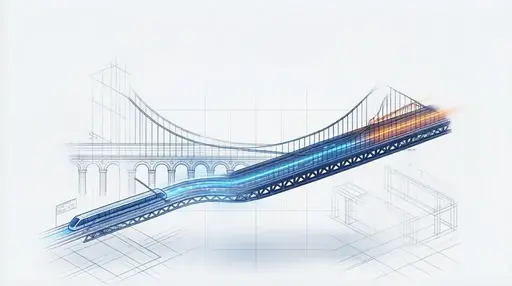 Trem moderno saindo de um desenho técnico de ponte em papel milimetrado, com traços azuis e laranja ganhando vida