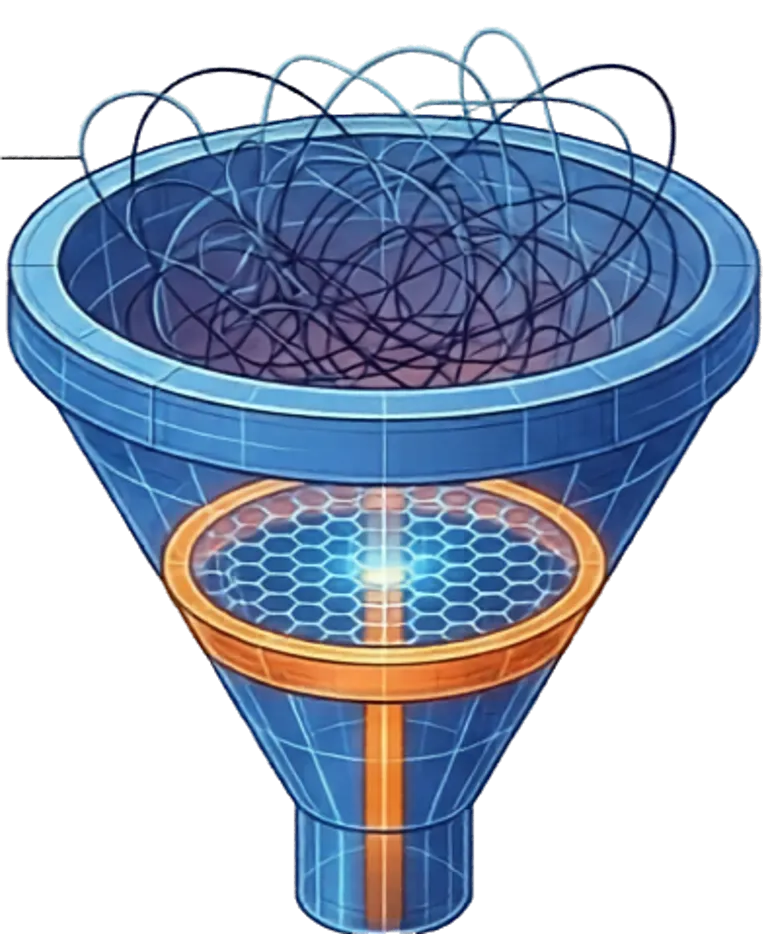 Funil técnico em azul com anel laranja filtrando linhas emaranhadas em um fluxo organizado