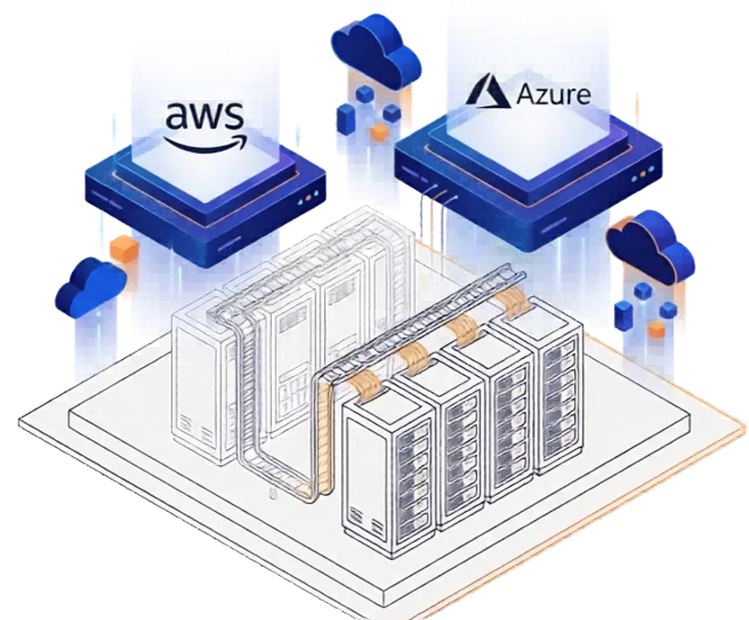 Plataformas isométricas da AWS e Azure conectadas a racks de servidores estilizados