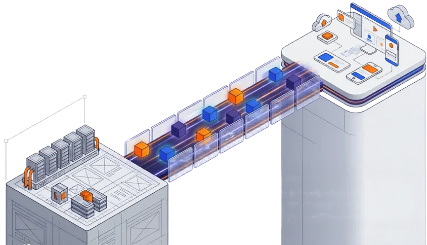 Ponte de dados conectando um data center a uma plataforma em nuvem, com cubos azuis e laranja fluindo entre os dois lados